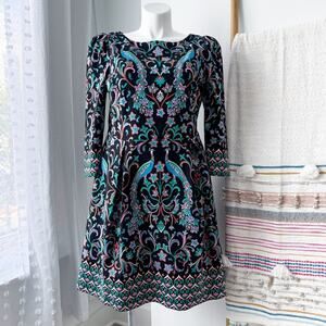 Boden Marie Ponte Black Blue Pink Printed 3/4 Sleeves Fit Flare Dress Size 14 R